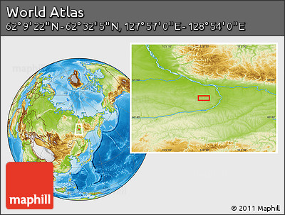 Physical Location Map of the Area around 62° 20' 44" N, 128° 25' 30" E