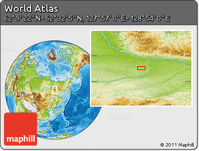 Physical Location Map of the Area around 62° 20' 44" N, 128° 25' 30" E