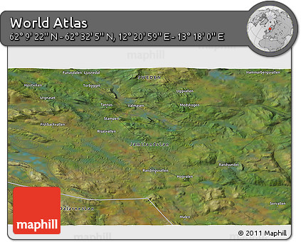 Satellite 3D Map of the Area around 62° 20' 44" N, 12° 49' 29" E