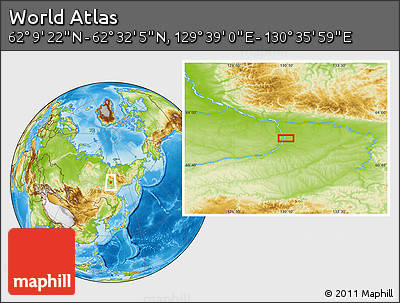 Physical Location Map of the Area around 62° 20' 44" N, 130° 7' 30" E