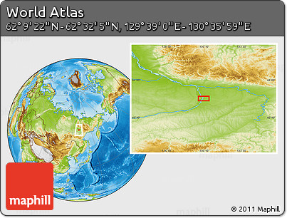 Physical Location Map of the Area around 62° 20' 44" N, 130° 7' 30" E