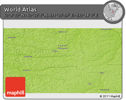 Physical 3D Map of the Area around 62° 20' 44" N, 131° 49' 29" E