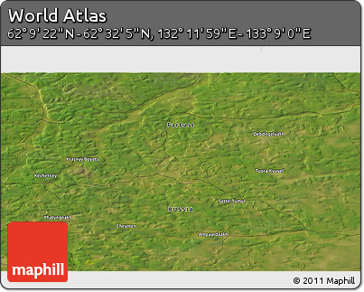 Satellite 3D Map of the Area around 62° 20' 44" N, 132° 40' 30" E