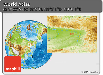 Physical Location Map of the Area around 62° 20' 44" N, 133° 31' 30" E