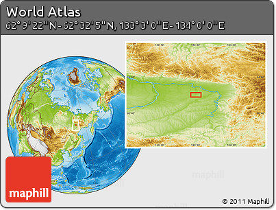 Physical Location Map of the Area around 62° 20' 44" N, 133° 31' 30" E