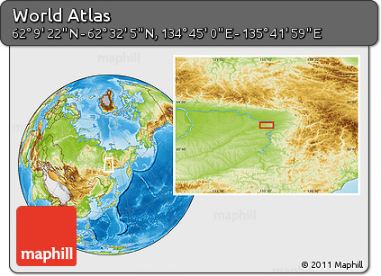 Physical Location Map of the Area around 62° 20' 44" N, 135° 13' 29" E