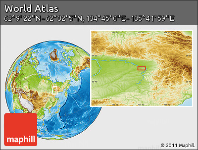 Physical Location Map of the Area around 62° 20' 44" N, 135° 13' 29" E