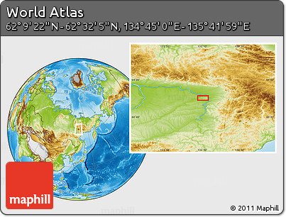 Physical Location Map of the Area around 62° 20' 44" N, 135° 13' 29" E