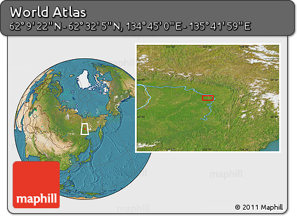 Satellite Location Map of the Area around 62° 20' 44" N, 135° 13' 29" E
