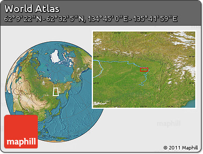Satellite Location Map of the Area around 62° 20' 44" N, 135° 13' 29" E