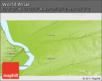 Physical 3D Map of the Area around 62° 20' 44" N, 136° 4' 29" E