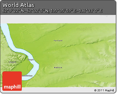 Physical 3D Map of the Area around 62° 20' 44" N, 136° 4' 29" E