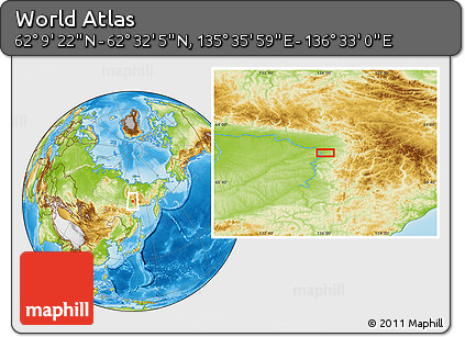 Physical Location Map of the Area around 62° 20' 44" N, 136° 4' 29" E