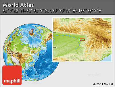 Physical Location Map of the Area around 62° 20' 44" N, 136° 4' 29" E