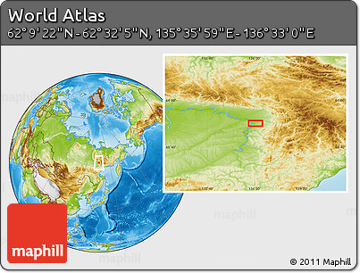 Physical Location Map of the Area around 62° 20' 44" N, 136° 4' 29" E