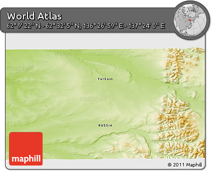 Physical 3D Map of the Area around 62° 20' 44" N, 136° 55' 30" E