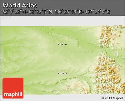 Physical 3D Map of the Area around 62° 20' 44" N, 136° 55' 30" E