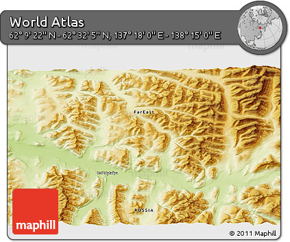 Physical 3D Map of the Area around 62° 20' 44" N, 137° 46' 30" E