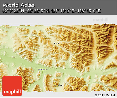 Physical 3D Map of the Area around 62° 20' 44" N, 137° 46' 30" E