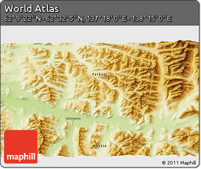Physical 3D Map of the Area around 62° 20' 44" N, 137° 46' 30" E