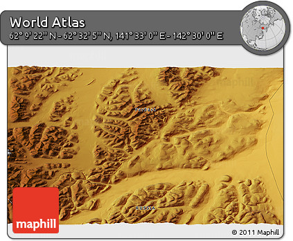 Physical 3D Map of the Area around 62° 20' 44" N, 142° 1' 30" E