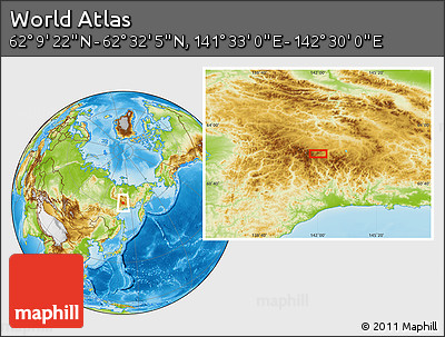 Physical Location Map of the Area around 62° 20' 44" N, 142° 1' 30" E