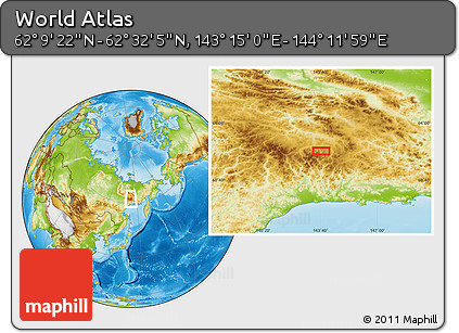 Physical Location Map of the Area around 62° 20' 44" N, 143° 43' 29" E