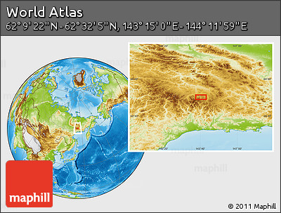 Physical Location Map of the Area around 62° 20' 44" N, 143° 43' 29" E