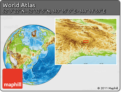 Physical Location Map of the Area around 62° 20' 44" N, 143° 43' 29" E