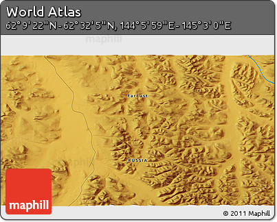 Physical 3D Map of the Area around 62° 20' 44" N, 144° 34' 29" E