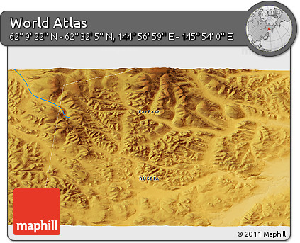 Physical 3D Map of the Area around 62° 20' 44" N, 145° 25' 30" E