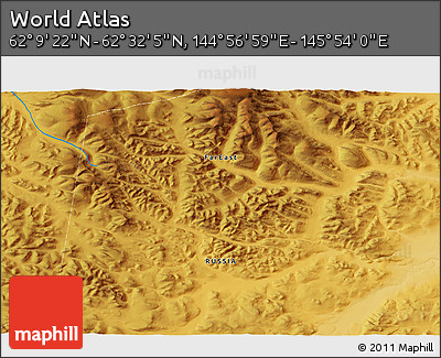 Physical 3D Map of the Area around 62° 20' 44" N, 145° 25' 30" E