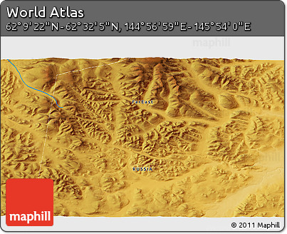 Physical 3D Map of the Area around 62° 20' 44" N, 145° 25' 30" E