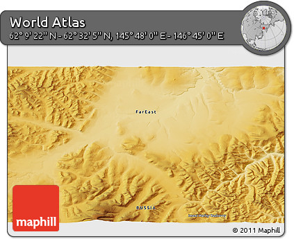 Physical 3D Map of the Area around 62° 20' 44" N, 146° 16' 30" E