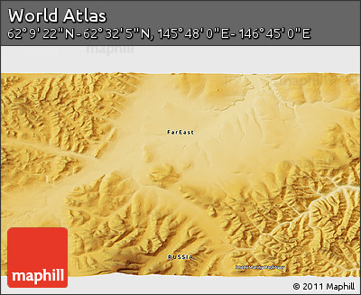 Physical 3D Map of the Area around 62° 20' 44" N, 146° 16' 30" E
