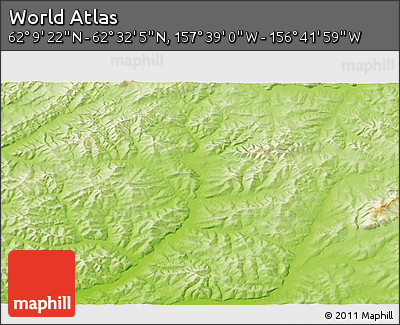 Physical 3D Map of the Area around 62° 20' 44" N, 157° 10' 30" W