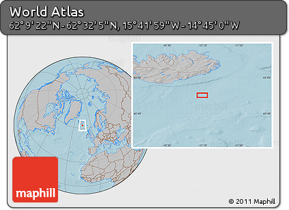 Gray Location Map of the Area around 62° 20' 44" N, 15° 13' 29" W, hill shading