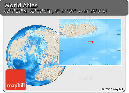 Shaded Relief Location Map of the Area around 62° 20' 44" N, 15° 13' 29" W