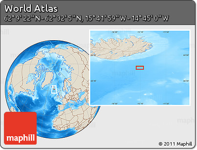 Shaded Relief Location Map of the Area around 62° 20' 44" N, 15° 13' 29" W