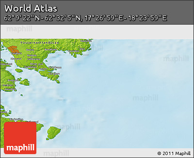 Physical 3D Map of the Area around 62° 20' 44" N, 17° 55' 29" E