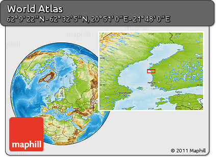 Physical Location Map of the Area around 62° 20' 44" N, 21° 19' 30" E