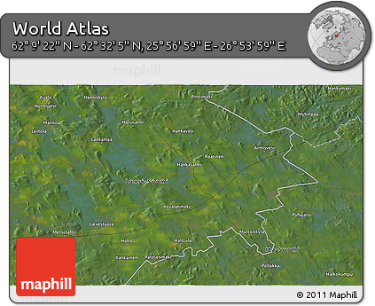 Satellite 3D Map of the Area around 62° 20' 44" N, 26° 25' 29" E