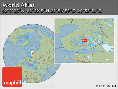 Savanna Style Location Map of the Area around 62° 20' 44" N, 26° 25' 29" E, hill shading
