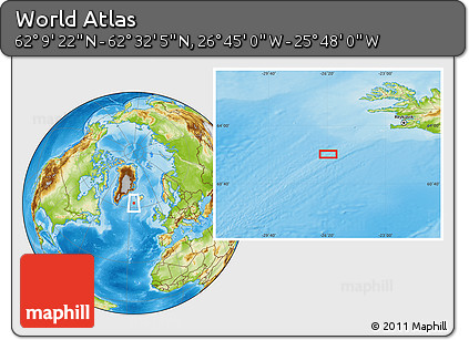 Physical Location Map of the Area around 62° 20' 44" N, 26° 16' 29" W