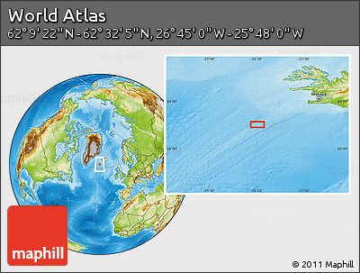 Physical Location Map of the Area around 62° 20' 44" N, 26° 16' 29" W