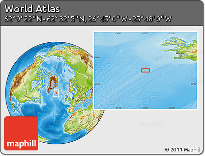 Physical Location Map of the Area around 62° 20' 44" N, 26° 16' 29" W