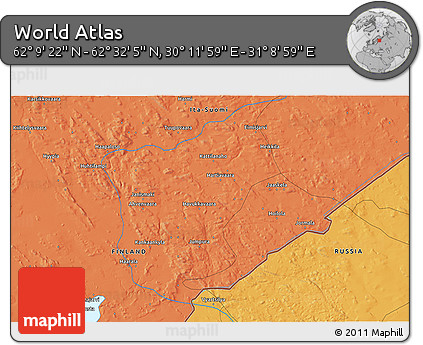 Political 3D Map of the Area around 62° 20' 44" N, 30° 40' 29" E