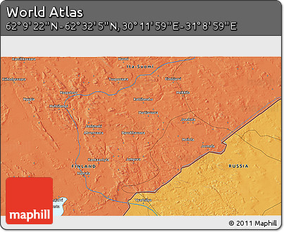 Political 3D Map of the Area around 62° 20' 44" N, 30° 40' 29" E
