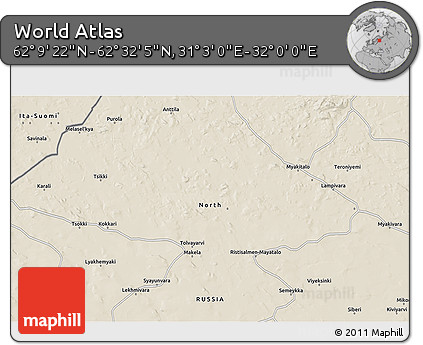 Shaded Relief 3D Map of the Area around 62° 20' 44" N, 31° 31' 29" E