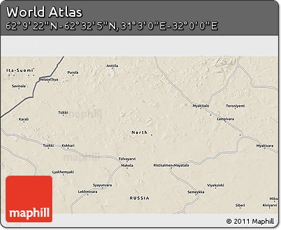 Shaded Relief 3D Map of the Area around 62° 20' 44" N, 31° 31' 29" E